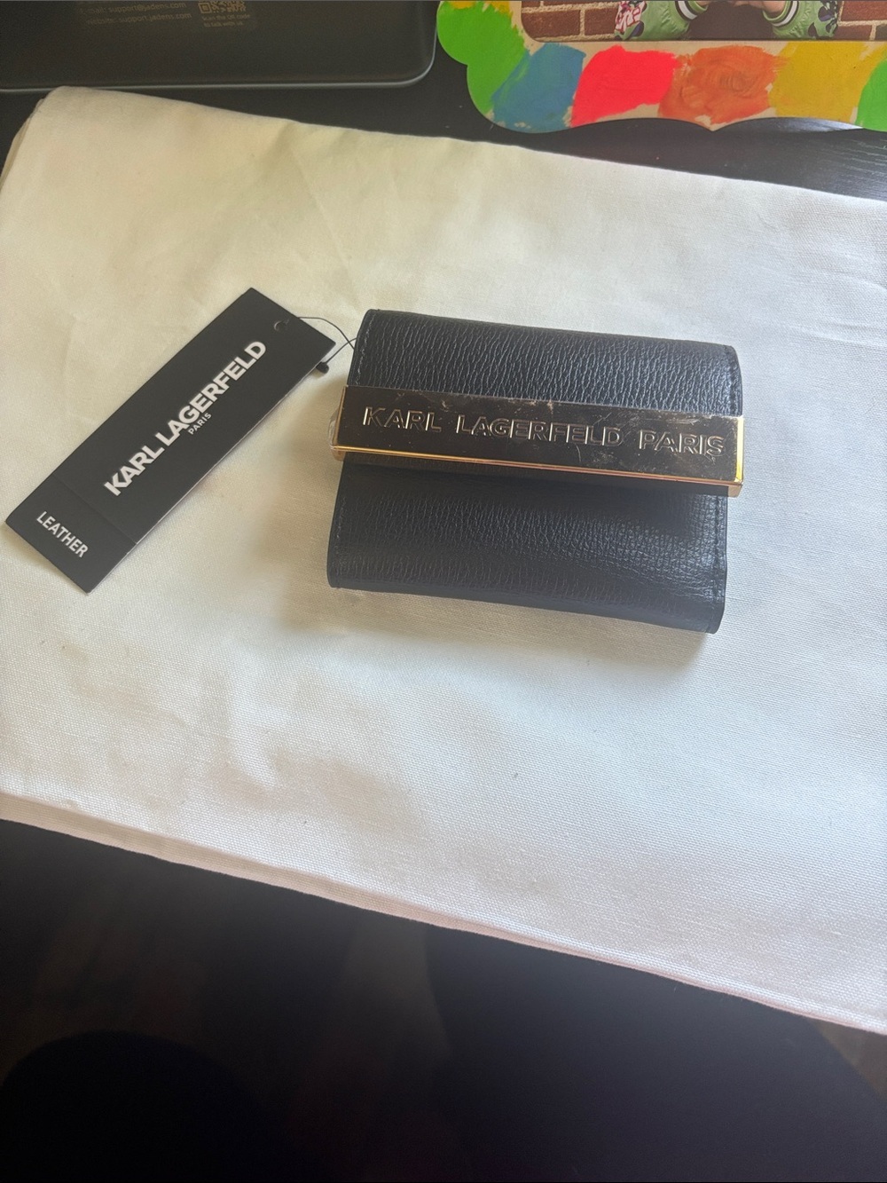 Karl Lagerfeld Black Leather Mini Wallet with Gold Logo Plaque